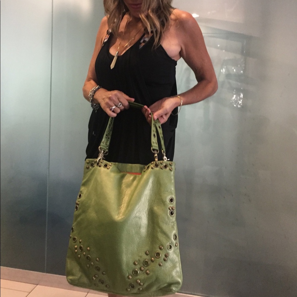 Hobo leather bag, green, tote, brass accents